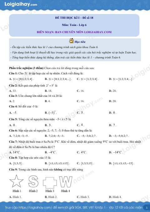 Đề thi học kì 1 Toán 6 - Đề số 18